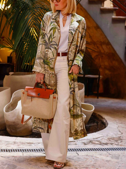 Tropical Palm Print Longline Duster Coat