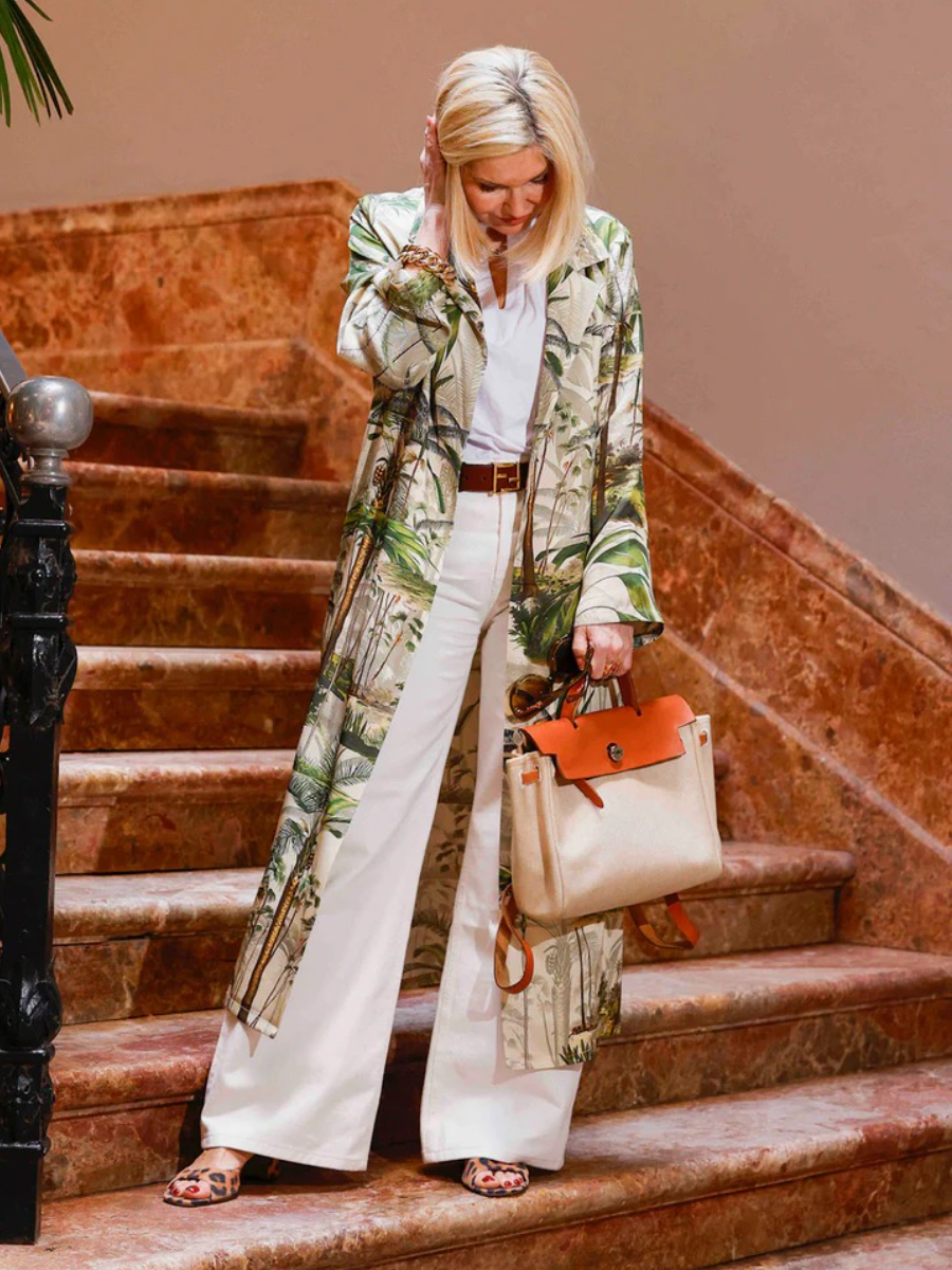 Tropical Palm Print Longline Duster Coat