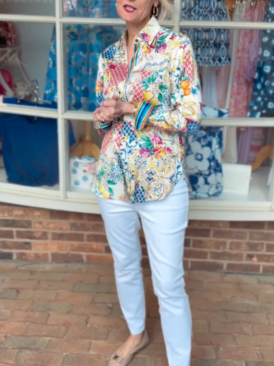 Women's Colorful Patchwork Floral Print Button Down Shirt - allsose